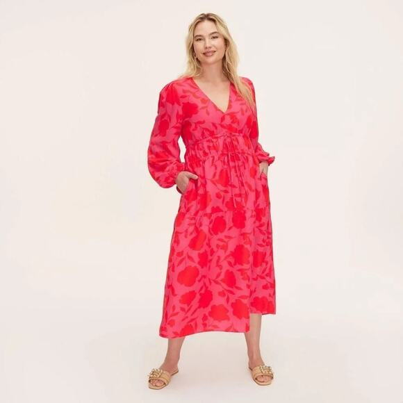 Kate Spade x Target Classic Rose Linen Long Sleeve Maxi Dress Pink/Red Sz XS - Picture 1 of 7